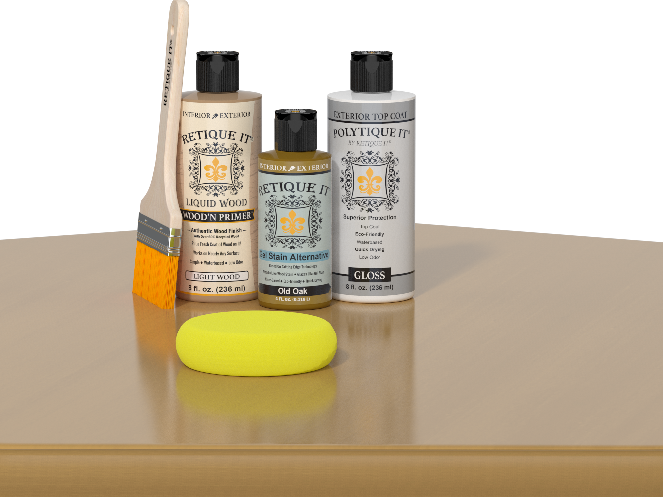 Retique It® Old Oak Brush-On Kit with Gloss PolyTique® includes a brush, Light Wood primer, Old Oak Gel Stain Alternative, Gloss PolyTique® top coat, and a yellow sponge.