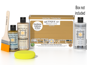 Retique It® Old Oak Brush-On Kit shown with the Old Oak Multipurpose Kit box, brush, Light Wood primer, Old Oak Gel Stain Alternative, Matte PolyTique® top coat, and a yellow sponge.