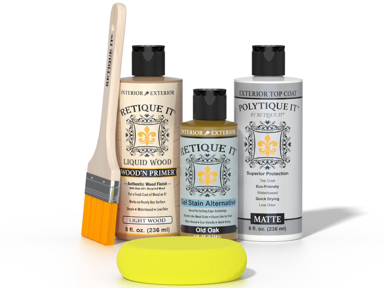 Retique It® Old Oak Brush-On Kit with Matte PolyTique® includes a brush, Light Wood primer, Old Oak Gel Stain Alternative, Matte PolyTique® top coat, and a yellow sponge.