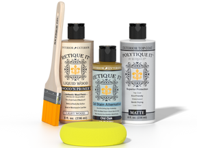Retique It® Old Oak Brush-On Kit with Matte PolyTique® includes a brush, Light Wood primer, Old Oak Gel Stain Alternative, Matte PolyTique® top coat, and a yellow sponge.