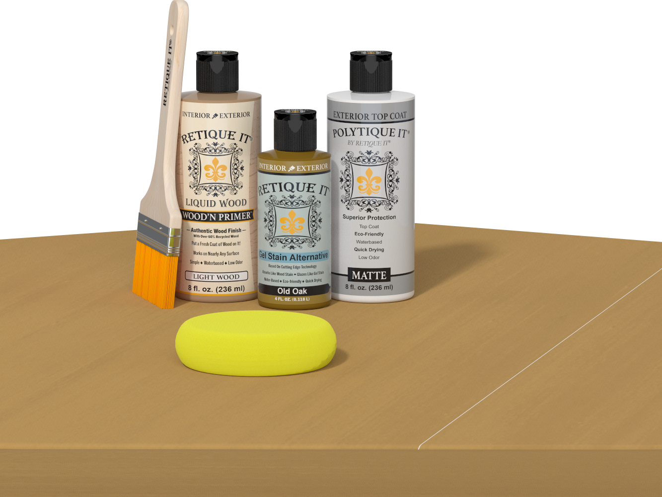 Retique It® Old Oak Brush-On Kit with Matte PolyTique® includes a brush, Light Wood primer, Old Oak Gel Stain Alternative, Matte PolyTique® top coat, and a yellow sponge.