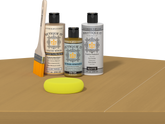 Retique It® Old Oak Brush-On Kit with Matte PolyTique® includes a brush, Light Wood primer, Old Oak Gel Stain Alternative, Matte PolyTique® top coat, and a yellow sponge.