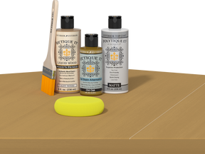 Retique It® Old Oak Brush-On Kit with Matte PolyTique® includes a brush, Light Wood primer, Old Oak Gel Stain Alternative, Matte PolyTique® top coat, and a yellow sponge.