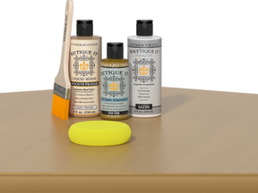 Retique It® Old Oak Brush-On Kit with Satin PolyTique® includes a brush, Light Wood primer, Old Oak Gel Stain Alternative, Satin PolyTique® top coat, and a yellow sponge.