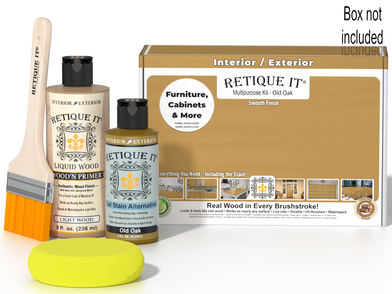 Retique It® Old Oak Brush-On Kit shown with the Old Oak Multipurpose Kit box, brush, Light Wood primer, Old Oak Gel Stain Alternative, and a yellow sponge.