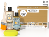 Retique It® Old Oak Brush-On Kit shown with the Old Oak Multipurpose Kit box, brush, Light Wood primer, Old Oak Gel Stain Alternative, and a yellow sponge.
