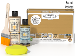 Retique It® Old Oak Brush-On Kit shown with the Old Oak Multipurpose Kit box, brush, Light Wood primer, Old Oak Gel Stain Alternative, and a yellow sponge.