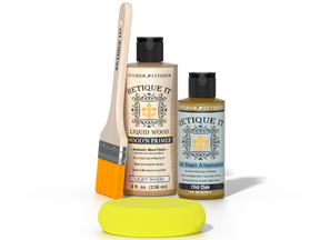 Retique It® Old Oak Brush-On Kit includes a brush, Light Wood primer, Old Oak Gel Stain Alternative, and a yellow sponge.