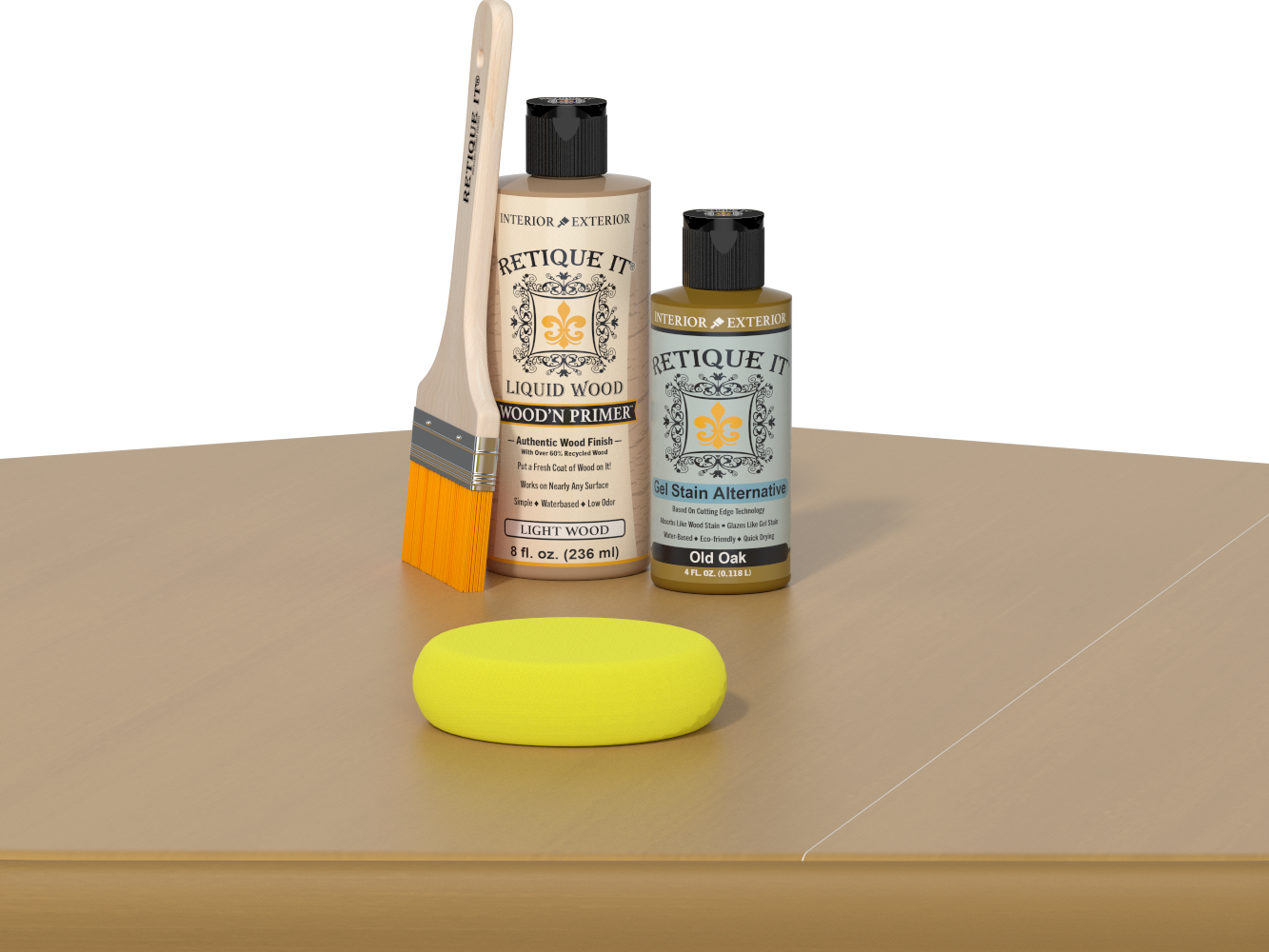 Retique It® Old Oak Brush-On Kit includes a brush, Light Wood primer, Old Oak Gel Stain Alternative, and a yellow sponge.