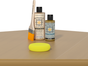 Retique It® Old Oak Brush-On Kit includes a brush, Light Wood primer, Old Oak Gel Stain Alternative, and a yellow sponge.