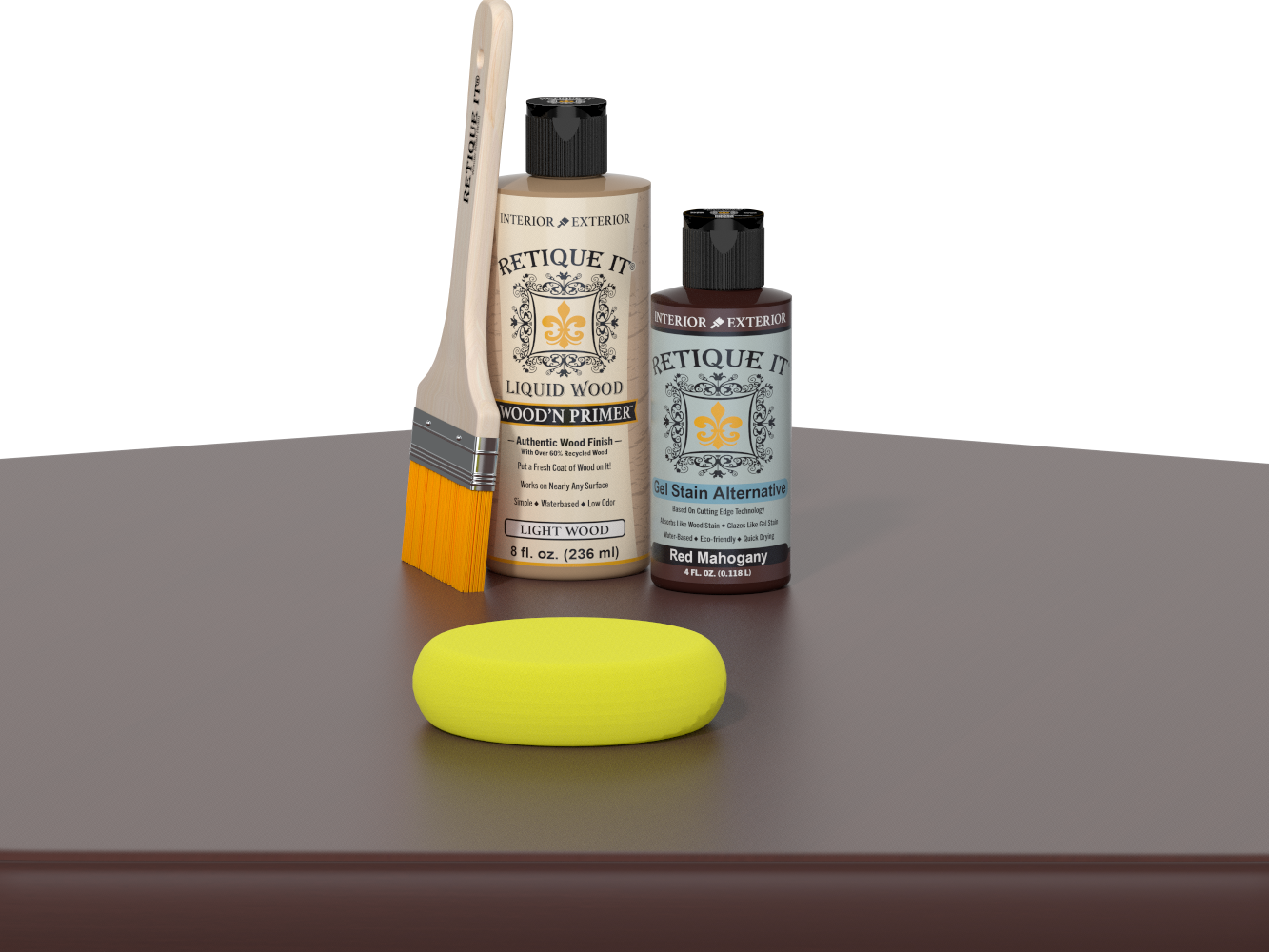 Retique It® Red Mahogany Kit with Light Wood’n Primer, Red Mahogany Gel Stain Alternative, paintbrush, and yellow sponge on a red mahogany tabletop.