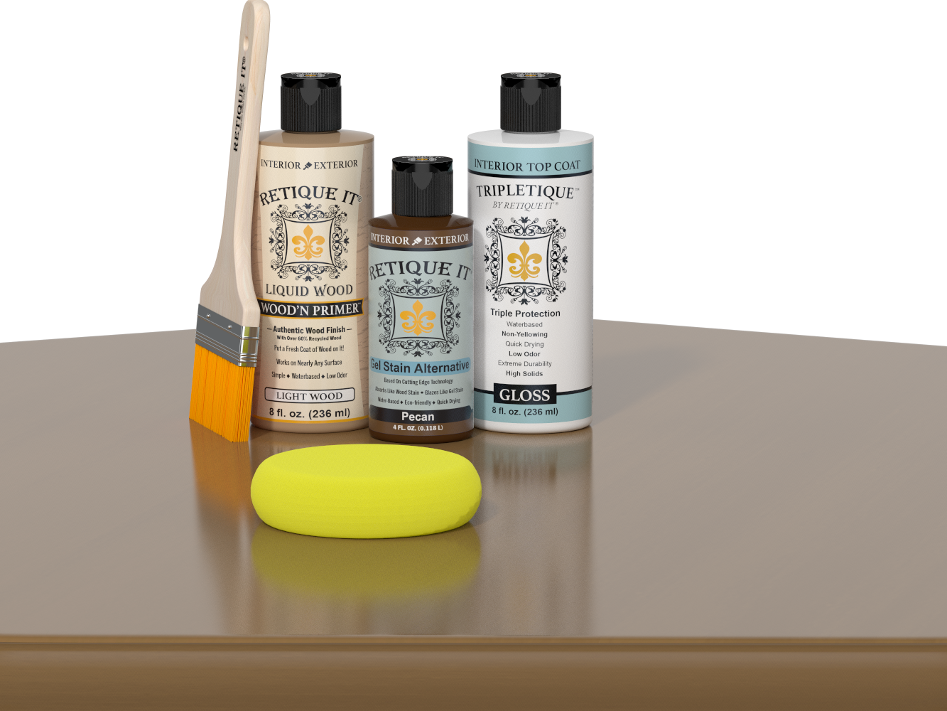 Retique It® Light Wood kit with brush, Pecan stain alternative, gloss top coat, and yellow sponge.