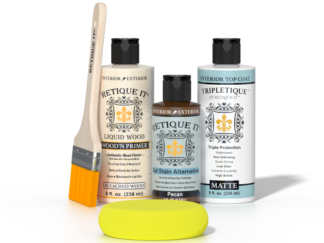 Retique It® White Oak kit with brush, Wood’n Primer, Pecan stain alternative, matte top coat, and yellow sponge.