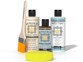 Retique It® White Oak kit with brush, Wood’n Primer, Pecan stain alternative, matte top coat, and yellow sponge.