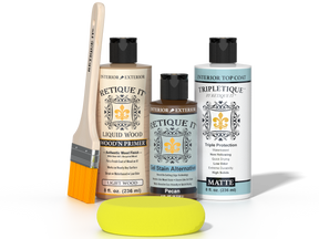 Retique It® Light Wood kit with brush, Pecan stain alternative, matte top coat, and yellow sponge.