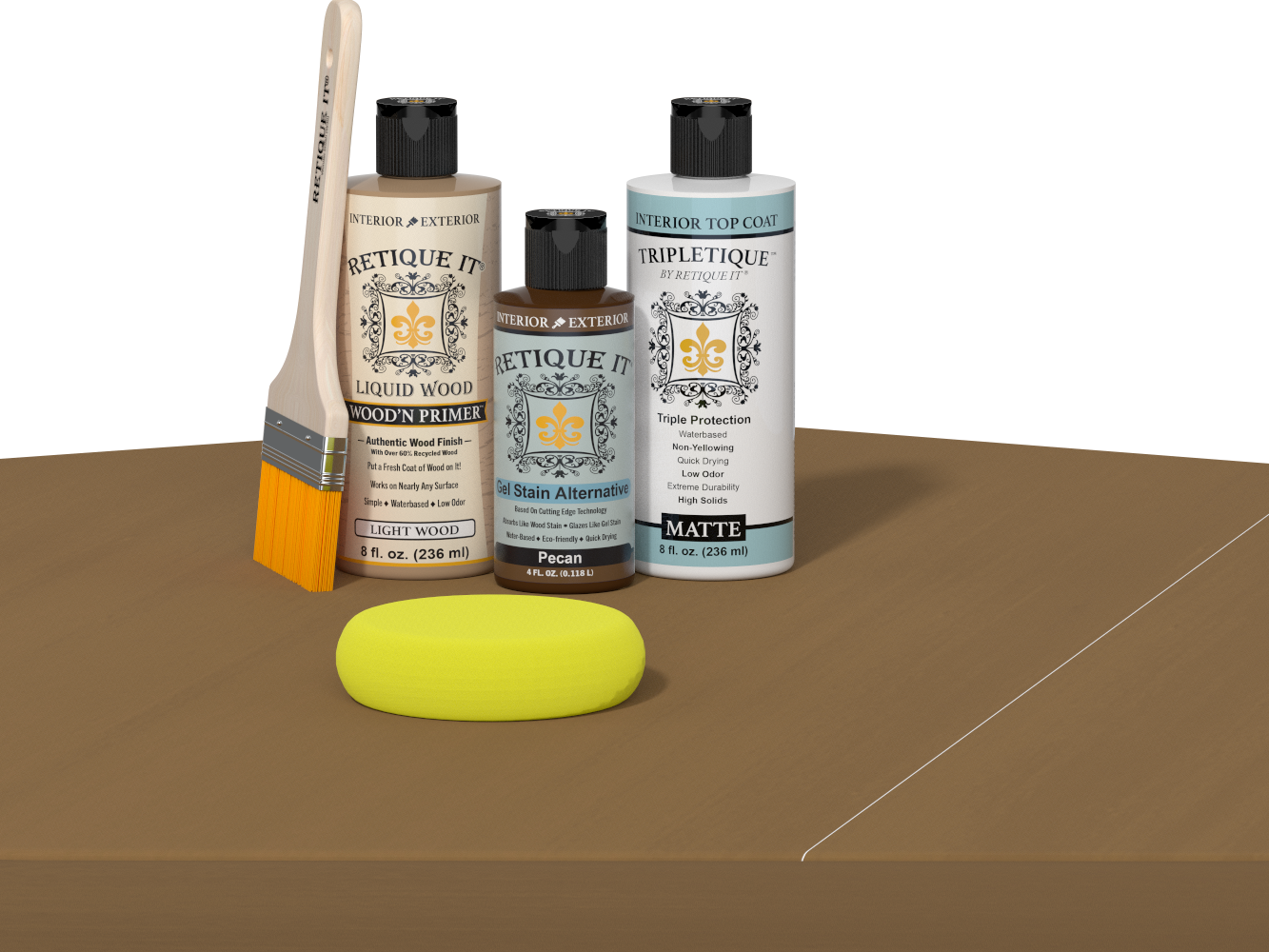 Retique It® Light Wood kit with brush, Wood’n Primer, Pecan stain alternative, and yellow sponge on a wood surface.