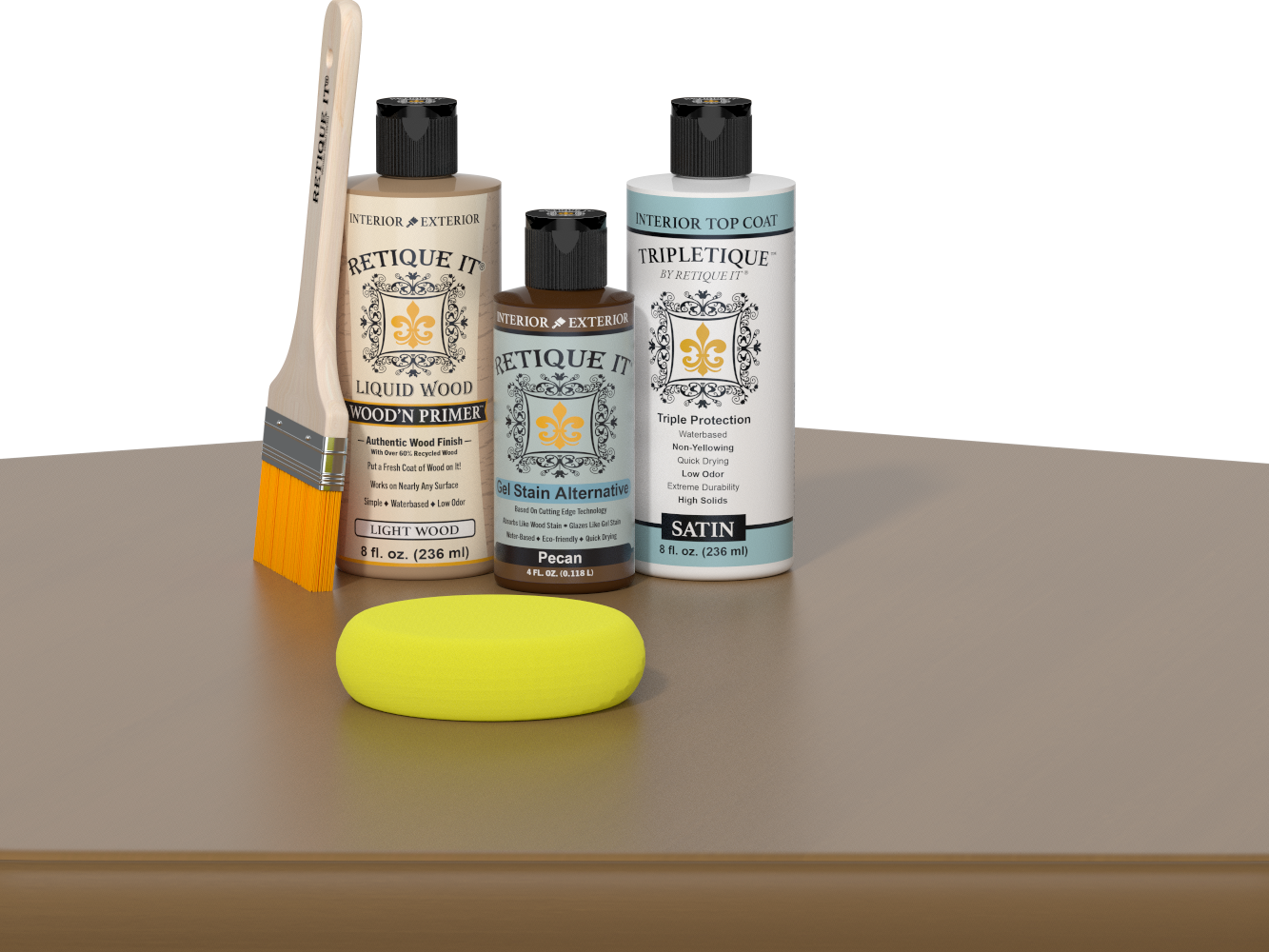 Retique It® Light Wood kit with brush, Pecan stain alternative, satin top coat, and yellow sponge on a wood surface.
