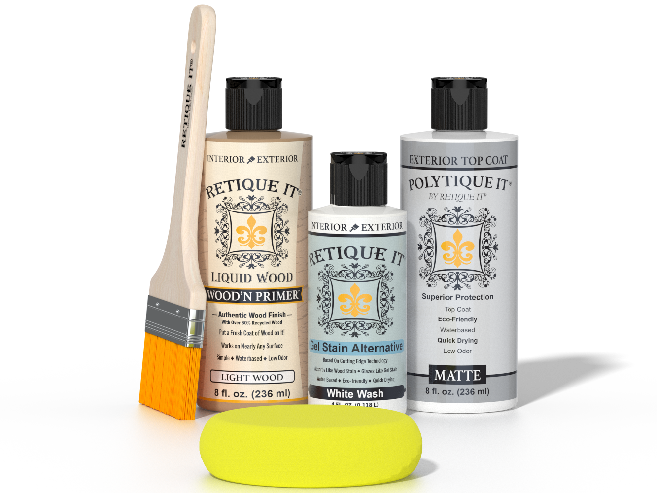 Retique It® Light Wood Wood’n Primer with White Wash Gel Stain Alternative, matte topcoat, brush, and yellow sponge.