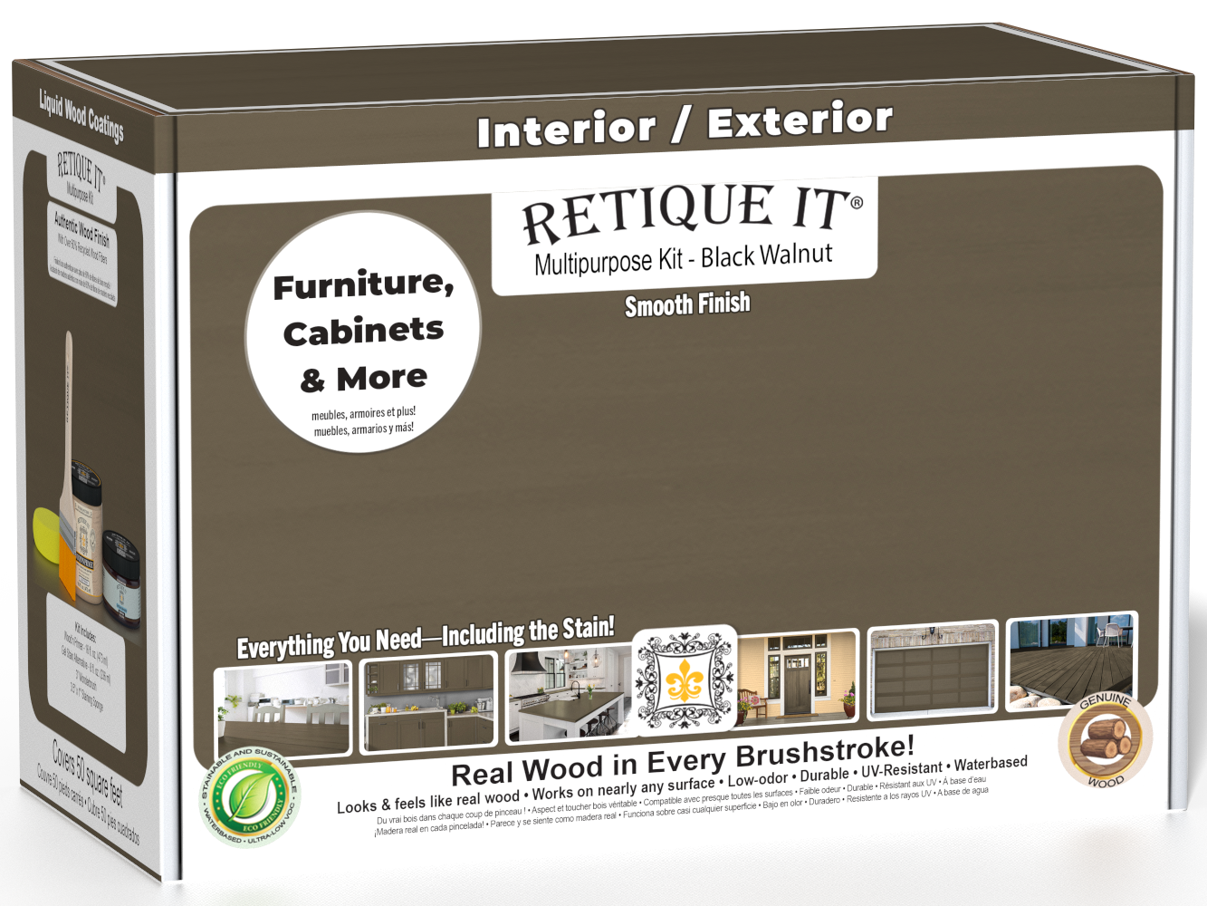 Retique It® Black Walnut Brush-On Multipurpose Kit box featuring a black walnut finish and project examples for furniture, cabinets, doors, decks, and more.