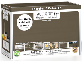 Retique It® Black Walnut Brush-On Multipurpose Kit box featuring a black walnut finish and project examples for furniture, cabinets, doors, decks, and more.