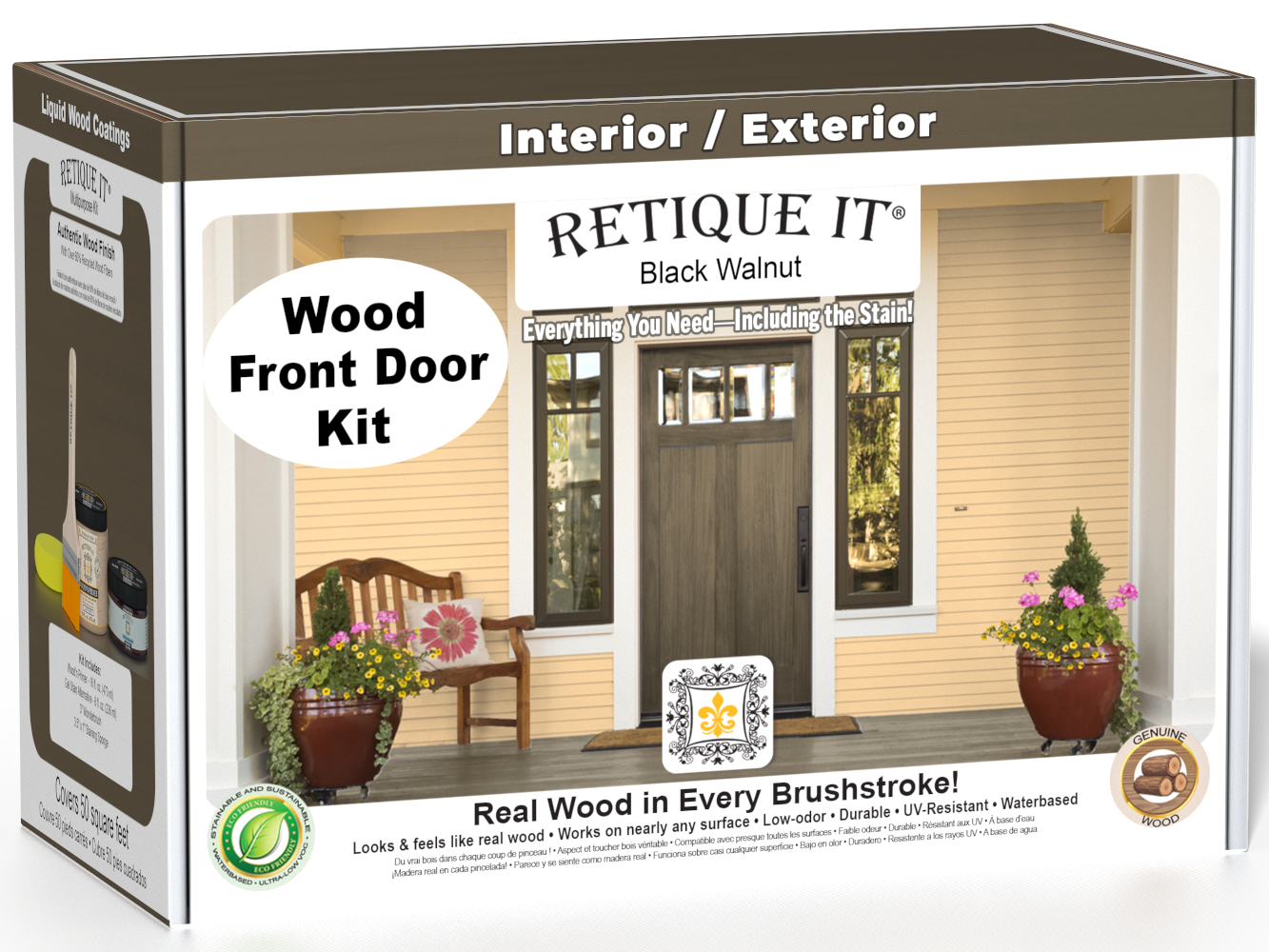 Retique It Wood'n Door smooth finish kit in black walnut stain, featuring a front door with a sleek, polished black walnut look.