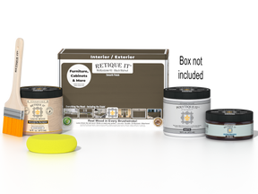 Retique It® Black Walnut Brush-On Kit with Matte PolyTique® shown with the Black Walnut Multipurpose Kit box, brush, Light Wood primer, Black Walnut Gel Stain Alternative, Matte PolyTique® top coat, and a yellow sponge.