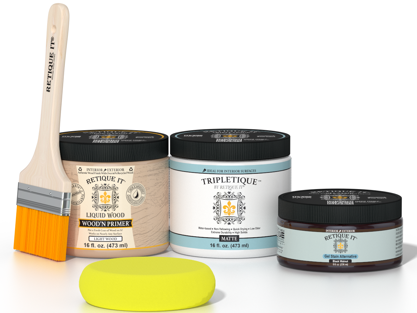 Retique It® Black Walnut Brush-On Kit with Matte TripleTique® includes a brush, Light Wood primer, Black Walnut Gel Stain Alternative, Matte TripleTique® top coat, and a yellow sponge.