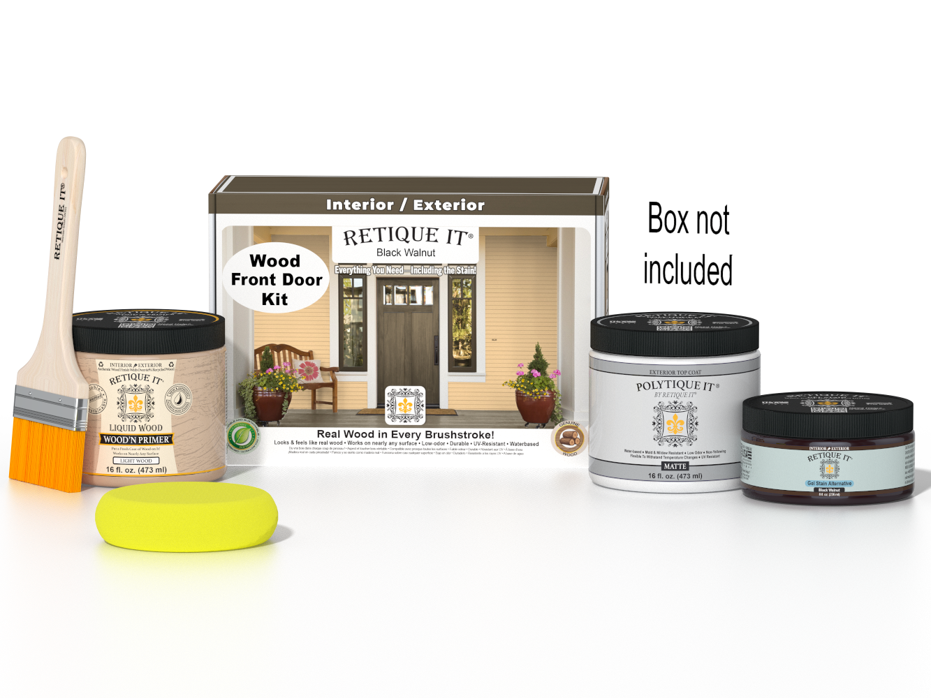 Retique It Wood'n Door Black Walnut stain kit for smooth finish on front doors, featuring black walnut wood stain and application tools.