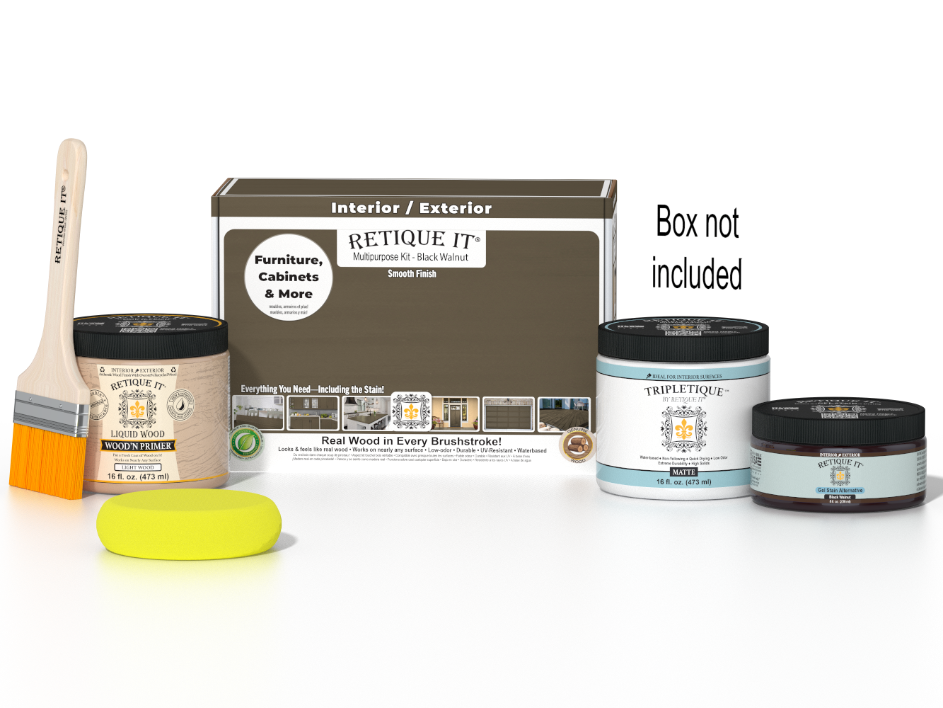 Retique It® Black Walnut Brush-On Kit with Matte TripleTique® shown with the Black Walnut Multipurpose Kit box, brush, Light Wood primer, Black Walnut Gel Stain Alternative, Matte TripleTique® top coat, and a yellow sponge.