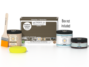 Retique It® Black Walnut Brush-On Kit with Matte TripleTique® shown with the Black Walnut Multipurpose Kit box, brush, Light Wood primer, Black Walnut Gel Stain Alternative, Matte TripleTique® top coat, and a yellow sponge.
