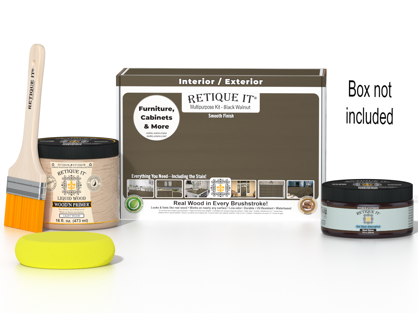Retique It® Black Walnut Brush-On Kit shown with the Black Walnut Multipurpose Kit box, brush, Light Wood primer, Black Walnut Gel Stain Alternative, and a yellow sponge.
