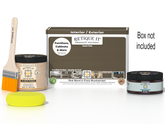 Retique It® Black Walnut Brush-On Kit shown with the Black Walnut Multipurpose Kit box, brush, Light Wood primer, Black Walnut Gel Stain Alternative, and a yellow sponge.