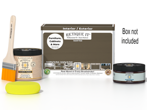 Retique It® Black Walnut Brush-On Kit shown with the Black Walnut Multipurpose Kit box, brush, Light Wood primer, Black Walnut Gel Stain Alternative, and a yellow sponge.