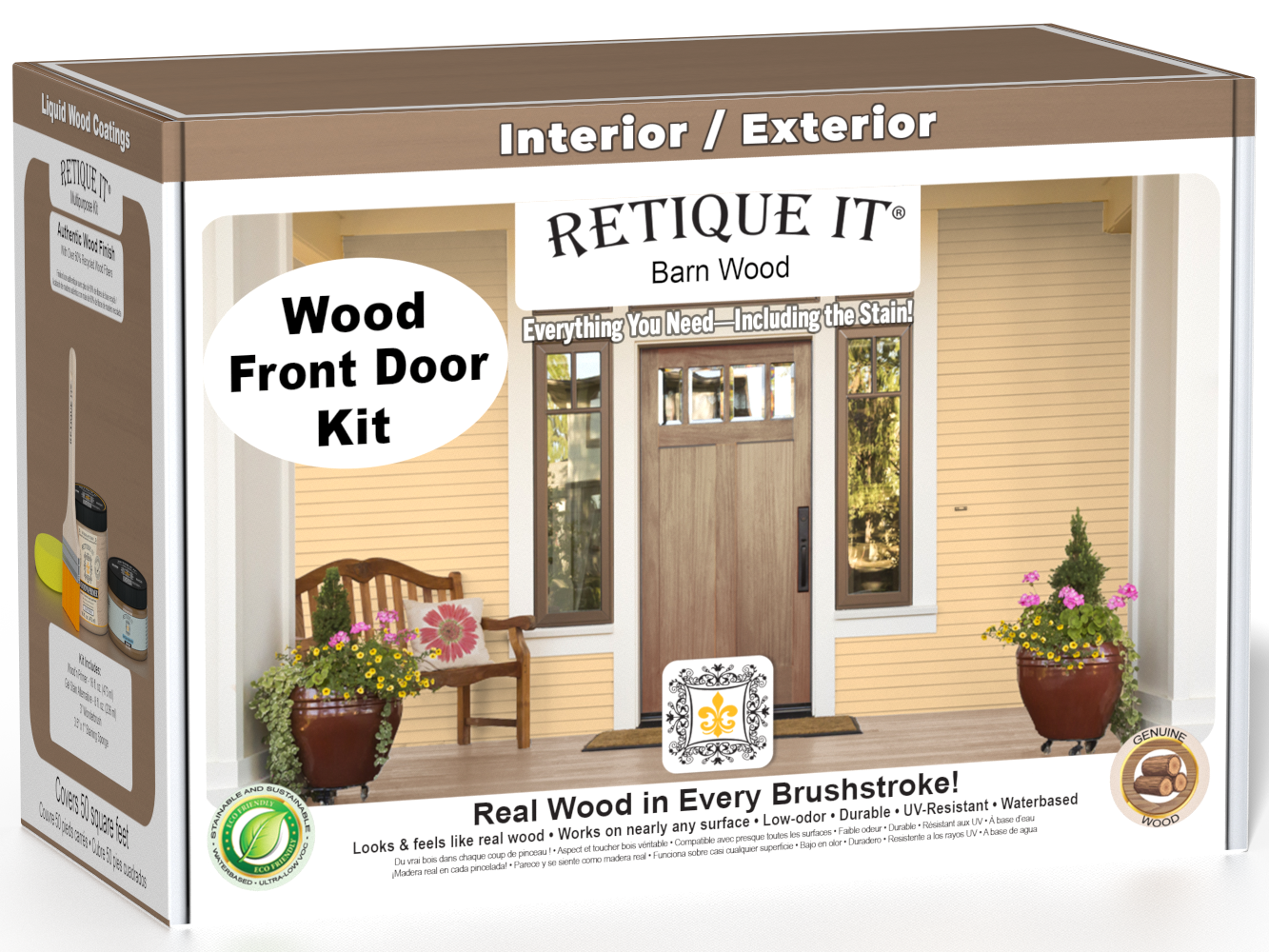Retique It Wood'n Door Smooth Finish Kit in barn wood stain showing a front door with a rustic barn wood appearance.