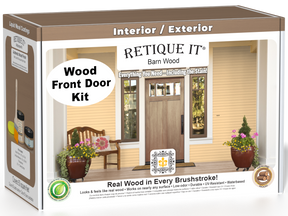 Retique It Wood'n Door Smooth Finish Kit in barn wood stain showing a front door with a rustic barn wood appearance.