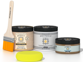 Retique It Barn Wood Kit with Matte Polytique It, Light Wood Wood'n Primer, Barn Wood Gel Stain Alternative, paintbrush, and yellow sponge.
