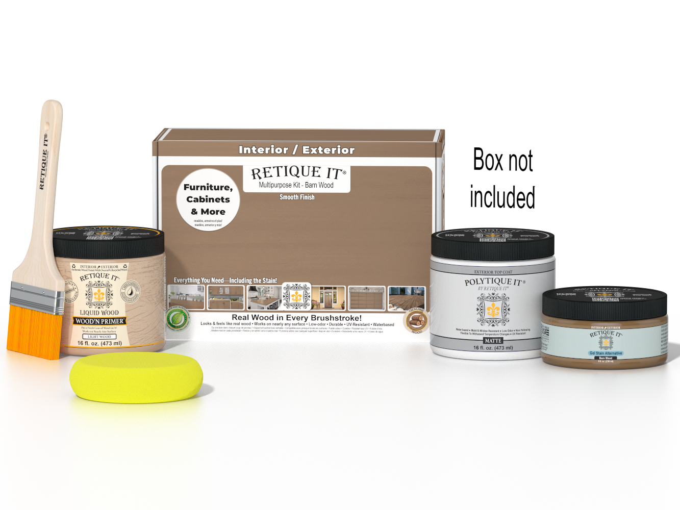 Retique It Barn Wood Kit with box, Matte Polytique It, Light Wood Wood'n Primer, Barn Wood Gel Stain Alternative, paintbrush, and yellow sponge.