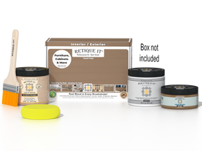 Retique It Barn Wood Kit with box, Matte Polytique It, Light Wood Wood'n Primer, Barn Wood Gel Stain Alternative, paintbrush, and yellow sponge.