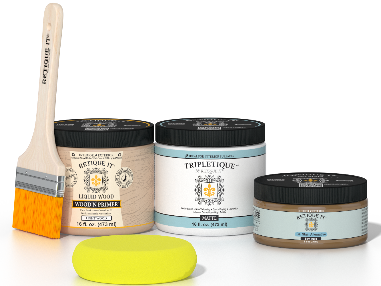 Retique It Barn Wood Kit with Matte Tripletique, Light Wood Wood'n Primer, Barn Wood Gel Stain Alternative, paintbrush, and yellow sponge.