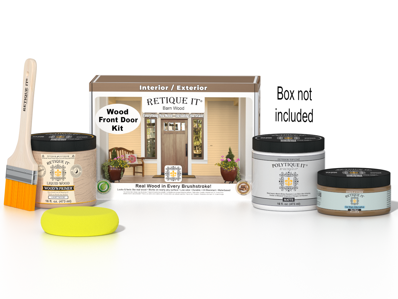 Retique It Wood'n Door Smooth Finish Kit for barn wood, featuring stains and tools for finishing barn wood doors.