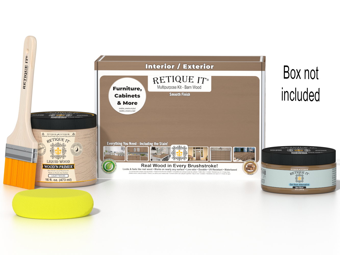 Retique It Barn Wood Kit with box, Light Wood Wood'n Primer, Barn Wood Gel Stain Alternative, paintbrush, and yellow sponge.