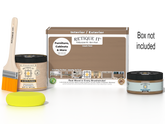 Retique It Barn Wood Kit with box, Light Wood Wood'n Primer, Barn Wood Gel Stain Alternative, paintbrush, and yellow sponge.