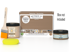 Retique It Barn Wood Kit with box, Light Wood Wood'n Primer, Barn Wood Gel Stain Alternative, paintbrush, and yellow sponge.