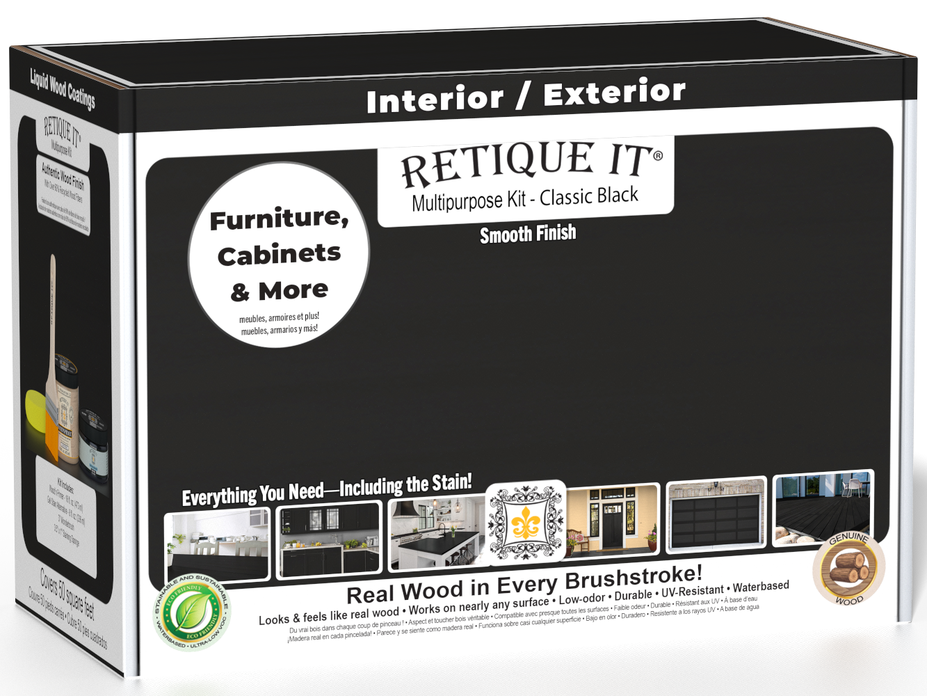 Retique It® Classic Black Brush-On Multipurpose Kit box featuring a classic black finish and project examples for furniture, cabinets, doors, decks, and more.