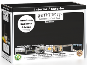 Retique It® Classic Black Brush-On Multipurpose Kit box featuring a classic black finish and project examples for furniture, cabinets, doors, decks, and more.