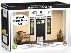 Retique It Wood'n Door Smooth Finish Kit in Classic Black stain, showing a front door with a sleek black finish and smooth surface.
