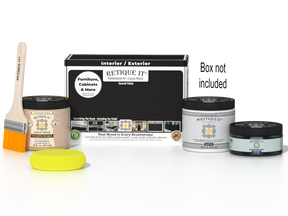 Retique It® Classic Black Brush-On Kit shown with the Classic Black Multipurpose Kit box, brush, Light Wood primer, Classic Black Gel Stain Alternative, Matte PolyTique® top coat, and a yellow sponge.