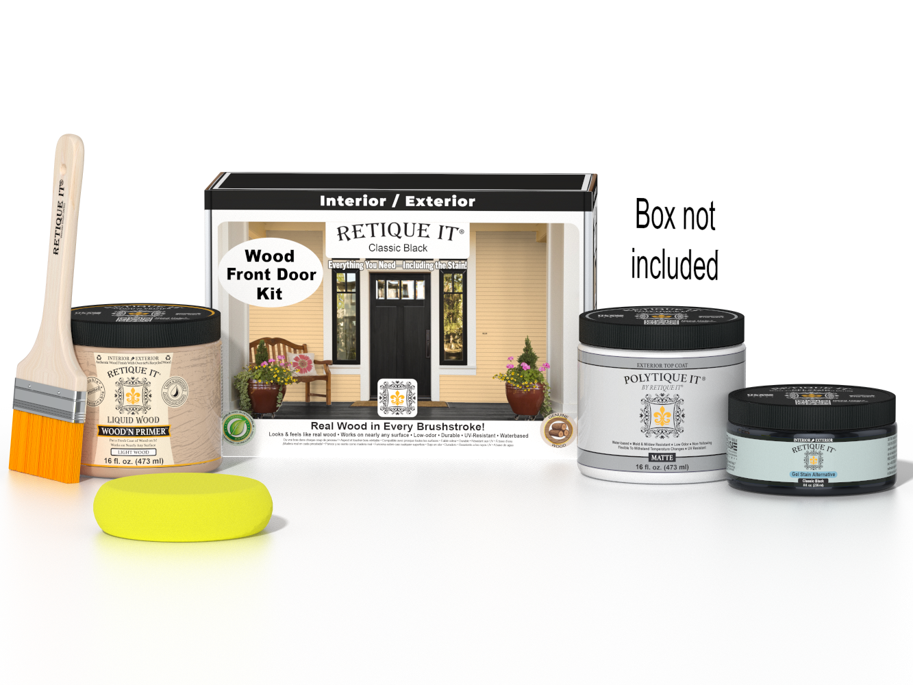 Retique It Wood'n Door Smooth Finish Kit in Classic Black stain, featuring a front door with a sleek black wood finish.