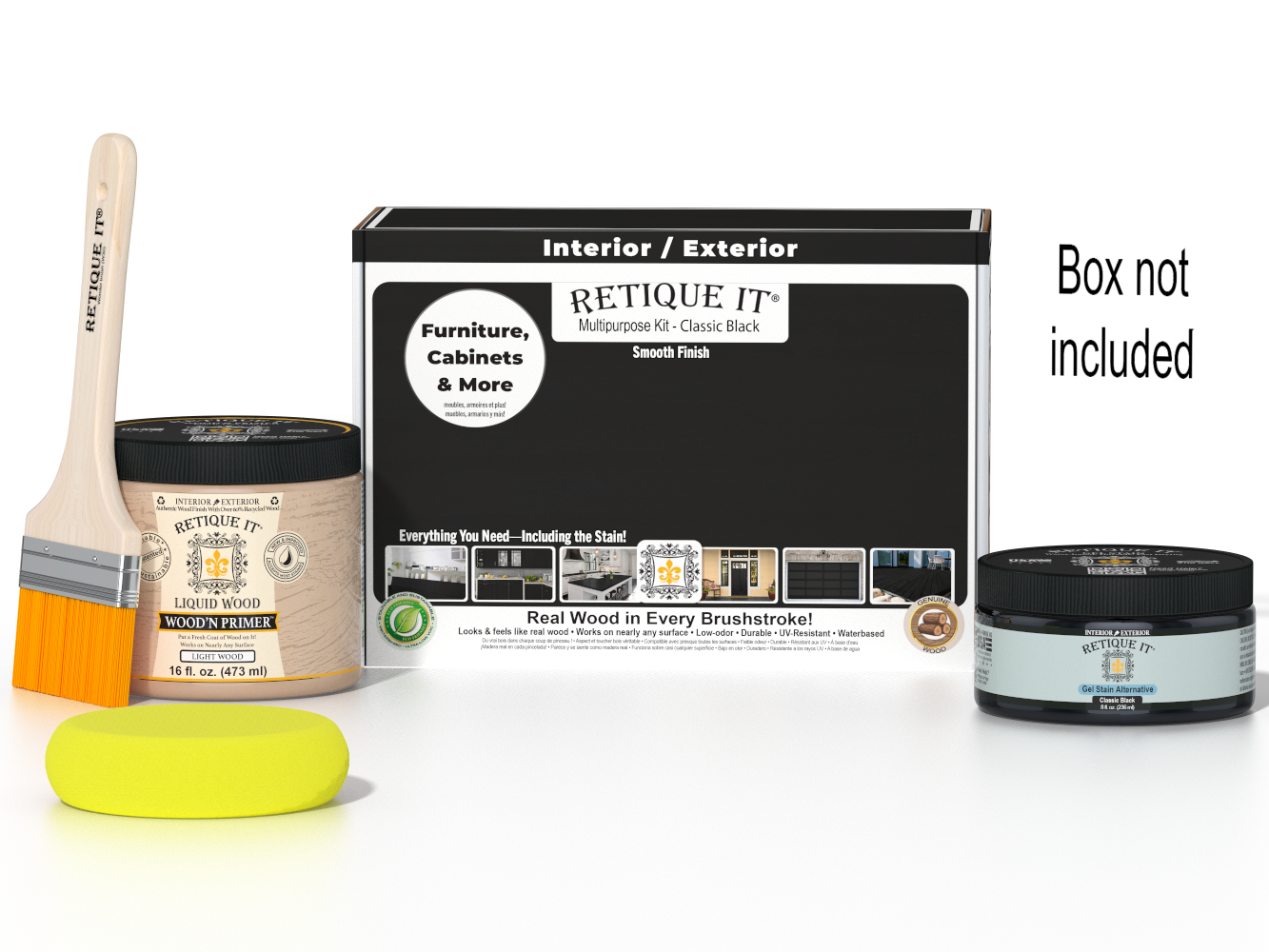 Retique It® Classic Black Brush-On Kit shown with the Classic Black Multipurpose Kit box, brush, Light Wood primer, Classic Black Gel Stain Alternative, and a yellow sponge.
