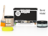 Retique It® Classic Black Brush-On Kit shown with the Classic Black Multipurpose Kit box, brush, Light Wood primer, Classic Black Gel Stain Alternative, and a yellow sponge.